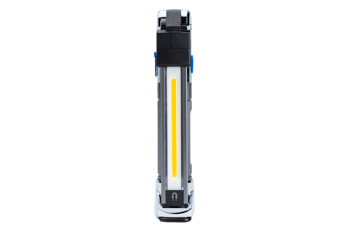 Handheld flashlight with a yellow light bar on a white background